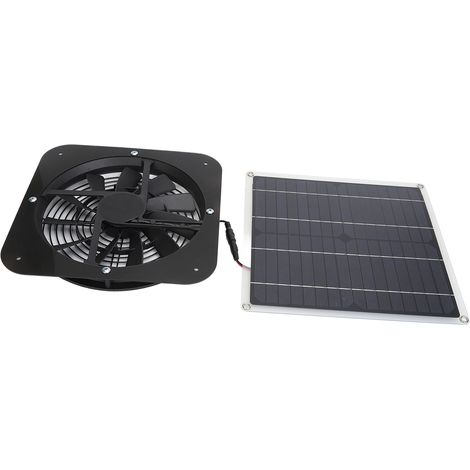 Kit de ventilateur solaire avec panneau solaire 100 W et ventilateur rond de 25 cm (10 pouces) pour serre, abri de jardin ou poulailler (noir). (1/5)