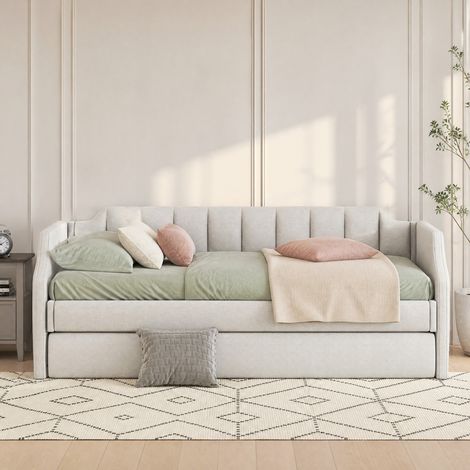 Tagesbett 90x200 cm Beige aus Baumwoll-Leinen mit Ausziehbett, gepolstert und platzsparend (1/5)