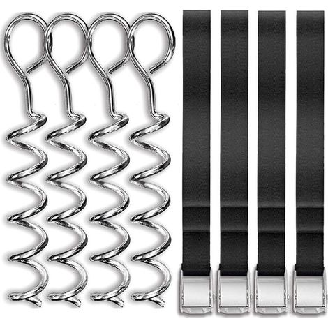 Juego de 4 anclajes de suelo para trampolín, piezas robustas para trampolín en espiral, juego de anclajes con correa ajustable y hebilla metálica, estacas galvanizadas y resistentes al viento para tra (1/5)