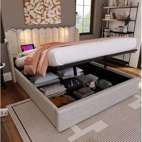 Bett Doppelbett Stauraum 160x200 Leinen mit USB OKMYHOME (1/5)