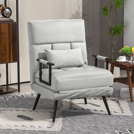Fauteuil convertible 3 en 1 lit place dossier inclinable 5 positions accoudoirs et coussin tissu effet velours - gris