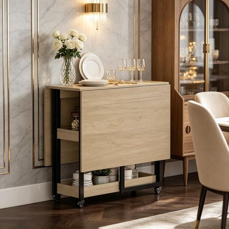 Mesa de comedor plegable con ruedas para 4 personas, con compartimentos abiertos, ideal para ahorrar espacio en habitaciones y comedores pequeños (solo incluye 1 mesa de comedor). (1/5)