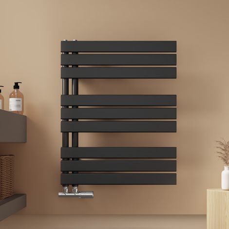 EMKE Badheizkörper Flach 762x600 mm Schwarz Handtuchwärmer Klein Handtuchtrockner, Panel Handtuchhalter Seitenanschluss für Bad Warmwasser 479W