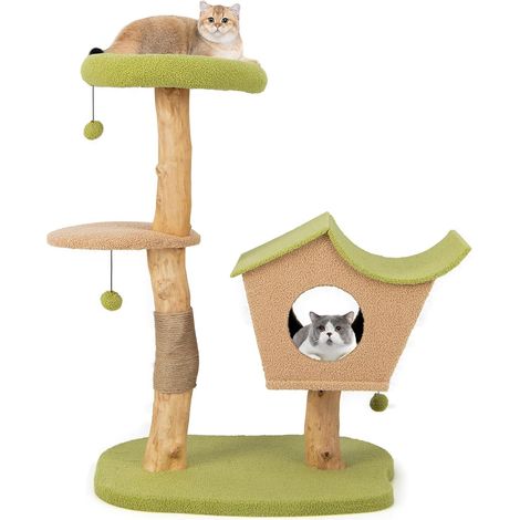 Costway – Arbre à chat en bois de poirier 110 cm – Centre d'activité multicouche avec griffoirs en jute et condo – Charge 15 kg par plateforme (1/5)
