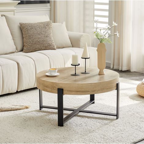 Runder Couchtisch 68x36 cm, 10 cm dicke Tischplatte, Kreuzgestell, MDF und Metall, Schwarz und Holz (1/5)