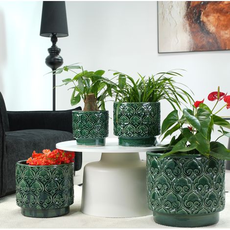 4-teiliges Pflanztopf-Set aus Steinzeug Ø 38/31,5/24/19 cm Sattgrün mit Herzrelief OKWISH (1/5)
