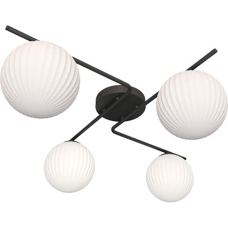 Plafoniera Moderna 4 Luci Vespa Acciaio Nero E Diffusori In Vetro Rigato Opale