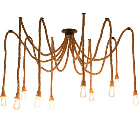 Hemp Rope Ceiling Light 10xE27 Industrial Vintage Ceiling Lamp Retro Pendant Light for Living Room Dining Room Bar Balcony