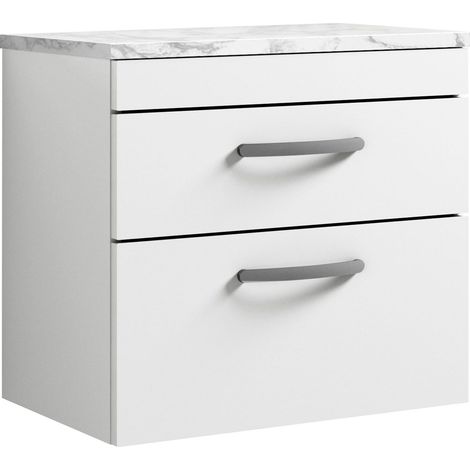 Nuie Athena Wall Hung 2-Drawer Vanity Unit with Carrera Marble Worktop 600mm Wide - Gloss White (1/4)