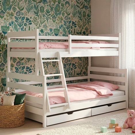 Lit superposé 90-120x200 sommiers et tiroirs inclus Léo Blanc (1/4)