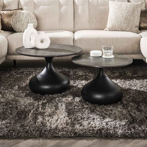 M&S – Lot de 2 tables basses rondes en résine mélamine effet céramique marbre noir – Double plateau dénivelé – Dimensions 60x60x40cm et 50x50x35cm
