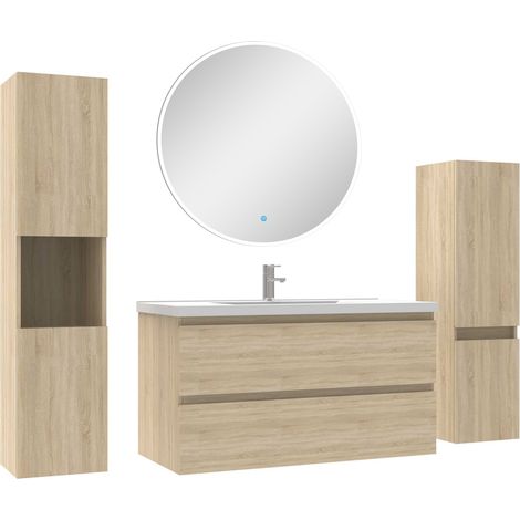 Ensemble meubles Salle de Bain 100cm vasque + colonne + miroir rond mural Chêne Wotan