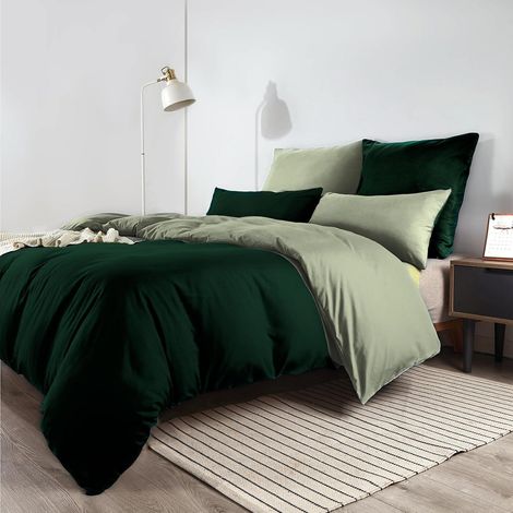Bettwäsche-Set 200x200 cm Mikrofaser Bügelfrei Dunkelgrün/Salbeigrün mit 2 Kissenbezügen 80x80 cm (1/5)