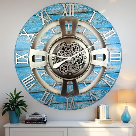 THE GEARS CLOCK Wanduhr mit echten beweglichen Zahnraedern - England Collection - 36" Rund - Ocean - Blue (1/5)