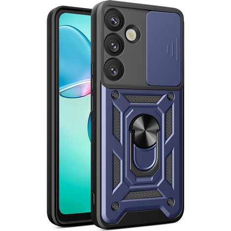 Custodia Hybrid Armor Camshield con copri fotocamera e anello in metallo per Samsung Galaxy S25+ - blu