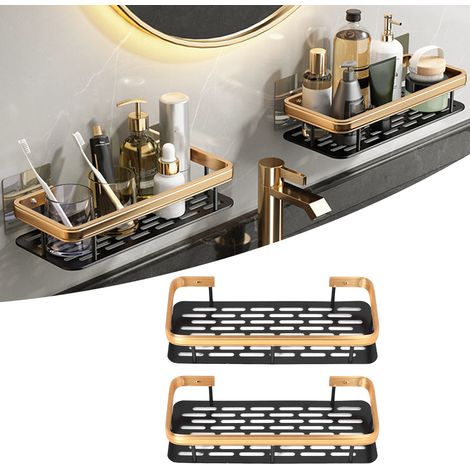 Étagère de rangement double couche pour salle de bain, étagère rectangulaire sans perçage pour salle de douche, noire et dorée. (1/5)