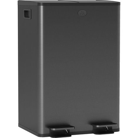 Poubelle cuisine double compartiment 2 x 28L, inox brossé, couvercle à fermeture amortie, 45,8x36x67,6cm, noir (1/5)