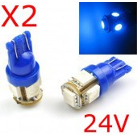 2 x T10 W5W 24V - 5 LEDS SMD BLEU - Ampoule de signalisation camion 24 Volts - Feux de gabarit (1/2)
