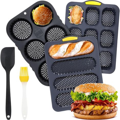 Ensemble de 5 moules à pâtisserie en silicone – Hamburger, Hot-dog et Mini Baguette – 4/6/9 tasses + Spatule et Pinceau (1/4)