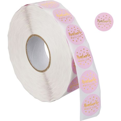 Relaxdays Handmade with Love Aufkleber, 2500 selbstklebende Etiketten, runde Sticker, Ø 25 mm, Stickerrolle, rosa/gold