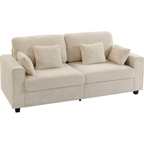 Canapé 3 places beige en velours texture goutte de pluie, assise profonde, coussins à ressorts, larges accoudoirs, livré avec 4 coussins assortis.