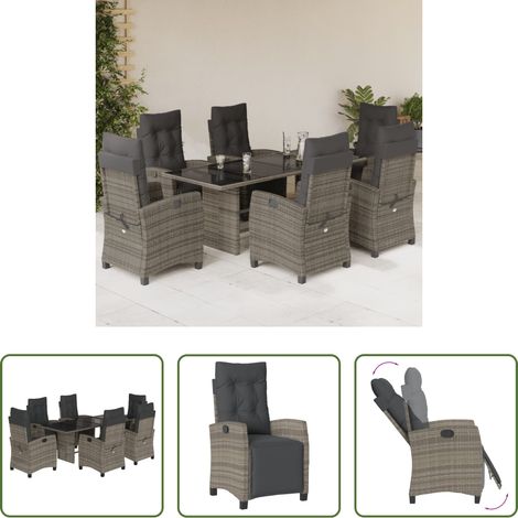 Gartenstuhl - 7-tlg. Garten-Essgruppe mit Kissen Grau Poly Rattan (1/5)