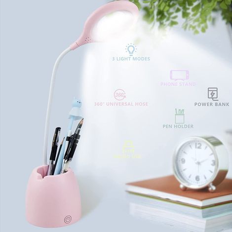 USB-wiederaufladbare Schreibtischlampe mit Stifthalter und Handyhalterung (rosa) (1/5)