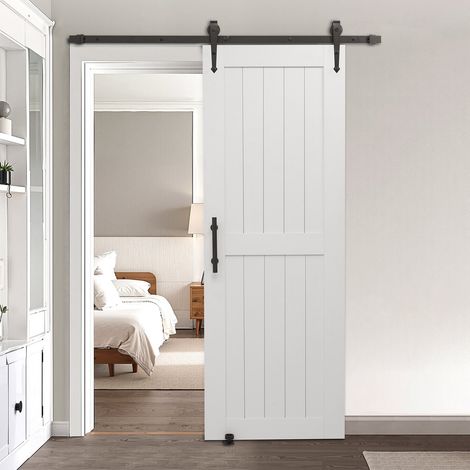 Porte de grange coulissante, 762 x 2134 mm, panneau MDF, kit de porte coulissante avec kit quincaillerie, surface en PVC imperméable, facile à installer, cadre en H, pour salon et salle de bain (1/5)