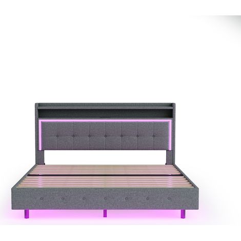 Lit double capitonné 160x200 lin avec LED USB tête de lit rangement sommier moderne beige