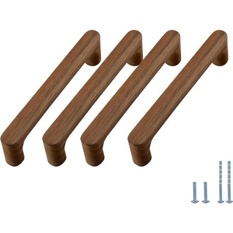 Lot de 4 - Poignée ronde - Bois de noyer - Pour tiroir et porte de cuisine - Design polyvalent - Installation facile - Naturel - 16 cm (1/5)