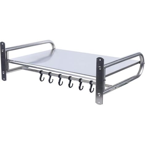 Microwave Shelf Stainless Steel Microwave Shelf Wall Mounted Kitchen Shelf with 6 Hooks for Kitchen Knife Spoon Pan Microwave Holder Shelf Grill Oven 53 x 38 x 18 cm