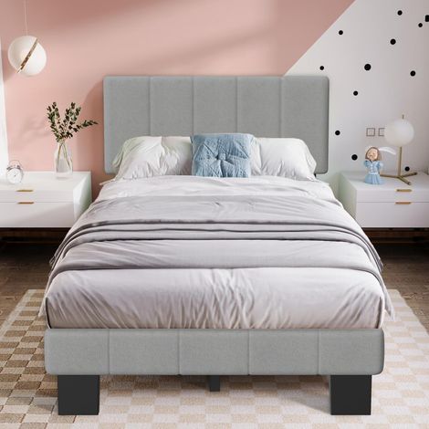Lit 90x200 cm - Cadre Rembourré Capitonnné, Tête de Lit Lin gris, Sommier à Lattes Élargies, Stable Confortable, Facile à Monter, Adapté Adultes/Ados (Matelas Non Inclus) (1/5)