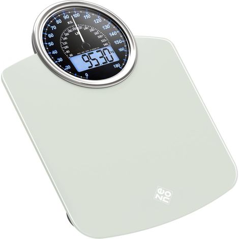 Pèse-personne Hybride - 2-en-1 Digital et Analogique - Jusqu'à 180 kg - Verre trempé épais - Grand écran - Lecture facile - Blanc givré (1/5)