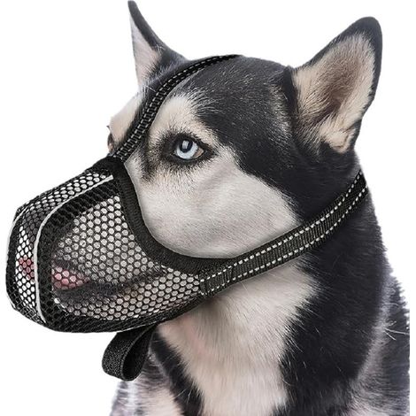 Muselière souple pour chien, masque en maille respirante pour grands chiens, anti-morsure, aboiement et mâchouillage, avec sangle réfléchissante et réglable. (1/5)