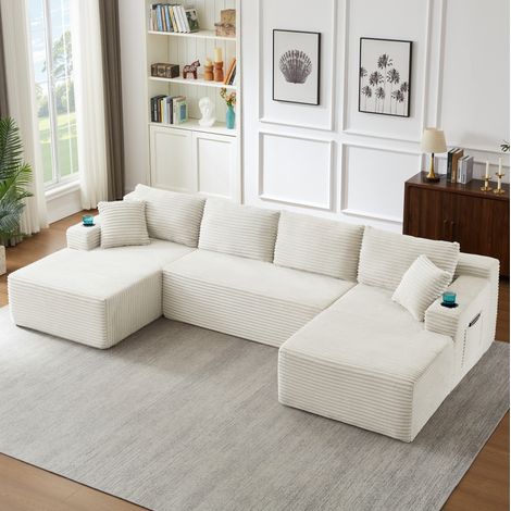Divano modulare a U, design minimalista, senza montaggio, seduta ergonomica, tessuto in corduroy beige (1/5)