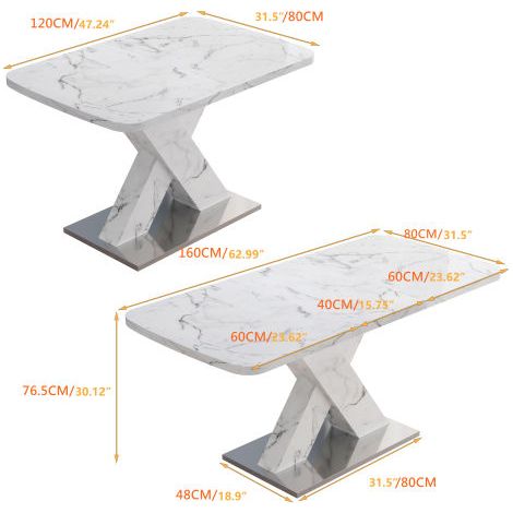 Table à manger rectangulaire moderne et extensible : Dotée d'un plateau imprimé effet marbre blanc, reposant sur des pieds en MDF en forme de X soutenus par une base métallique.