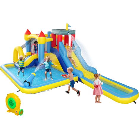 Aufblasbare Burg mit Gebläse, Wasserpark, Rutschen, Trampolin, Kletterwand, Kanone, Basketballkorb