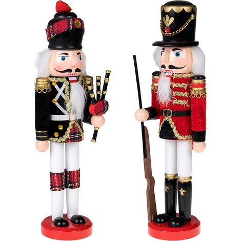 2 Pièces Soldats Casse-Noisette en Bois, 2 Styles 30CM Chiffres de Casse-Noisette Traditionnels de Noël Soldat Peint en Bois de Pin de Qualité Supérieure pour Décoration (Cornemuse & Pistolet) (1/5)