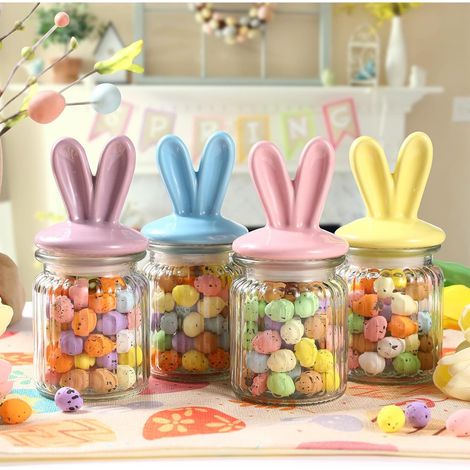 KOWOLL Lot de 4 bocaux en verre transparent en forme d'oreilles de lapin, avec couvercle, pour Pâques. Ces bocaux décoratifs sont parfaits pour ranger les bonbons et conserver les aliments sur la tabl (1/5)