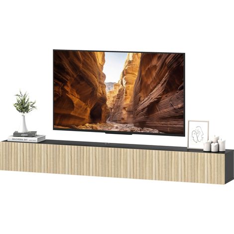 Wandmontierter TV-Schrank, 140 cm, für einen 72-Zoll-Bildschirm, 2 Klapptüren, 140 x 25 x 22 cm, Naturholz und Schwarz