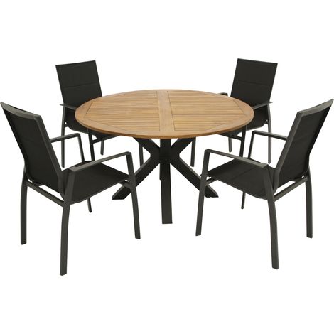Garnitur MADEIRA 5-teilig, Alu/Stahl + Akazie + Kunstgewebe schwarz (1/5)