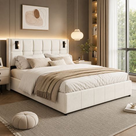 Lit coffre 140x200 cm avec 2 liseuses, lit rembourré double avec rangement, sommier lattes, pour adultes adolescents, matelas non inclus, beige (1/5)