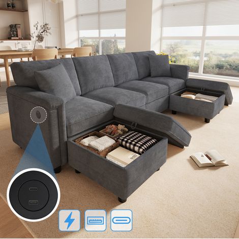 MODFU – Canapé modulable 261x134 cm chenille – 2 poufs rangement et ports USB-C – Mousse haute résilience et ressorts ensachés – 6 places – Gris (1/5)