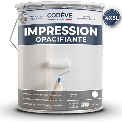 Impression Opacifiante - 4x5 L - Codeve Bois - RAL 9010 - Blanc pur - Pour Couvrir Votre Mur En Plâtre Ou Placoplatre Avant Une Finition.
