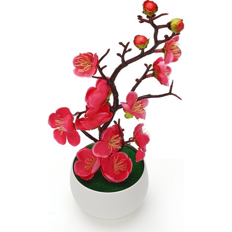 (Bonsaï de prunier d'hiver rose rouge) Plante artificielle en pot, Bonsaï de fausse fleur, Bonsaï de branche de prunier d'hiver artificiel, Fleur de prunier artificielle, Fleur artificielle (1/4)