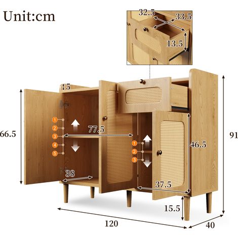 Credenza 120x40x91cm con intreccio in rattan, cassettiera effetto rovere con 3 ante e 1 cassetto, credenza con cerniere a chiusura ammortizzata, mobile multiuso per soggiorno, cucina, corridoio (1/5)