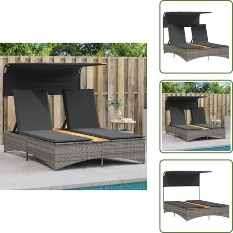 Doppel-Sonnenliege mit Dach und Auflagen Grau Poly Rattan - Doppelsonneliege - Liege - Gartenmöbel - Outdoor Möbel - Pool Liege