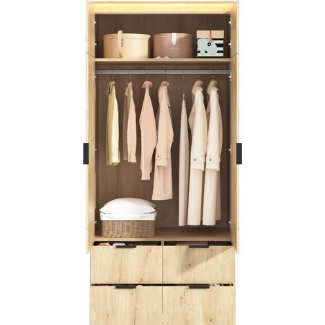 CHICFURN Armoire penderie 90 x 47 x 200 cm en MDF effet bois avec miroir, LED et 4 tiroirs (1/5)
