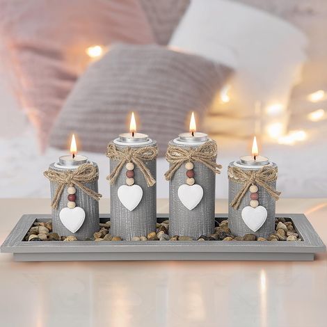 Candle Holder Set of 4 Pieces Gray Wooden Pallet, Candlestick Tealight Holder Decoration Centerpiece Birthday Home Christmas Candle, Candle Holders Gift Girl Wedding Festival (1/5)