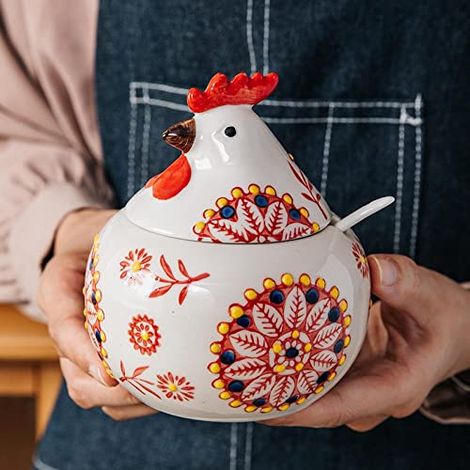 Pot à épices en céramique avec couvercle et cuillère, salière et sucrière de 322 ml (11 onces), pratique pour la cuisine, en forme de poulet.